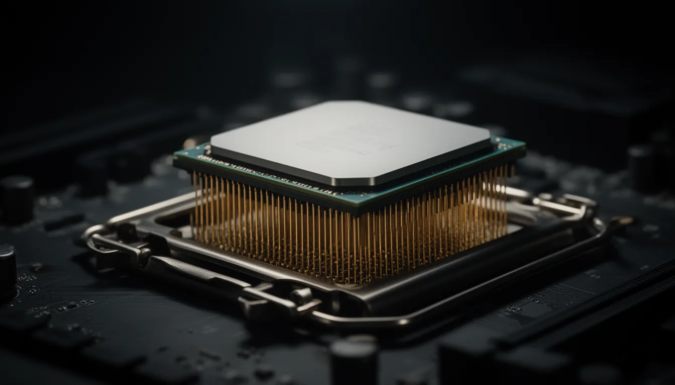 A modern desktop CPU processor resting on a motherboard socket, dramatic close-up