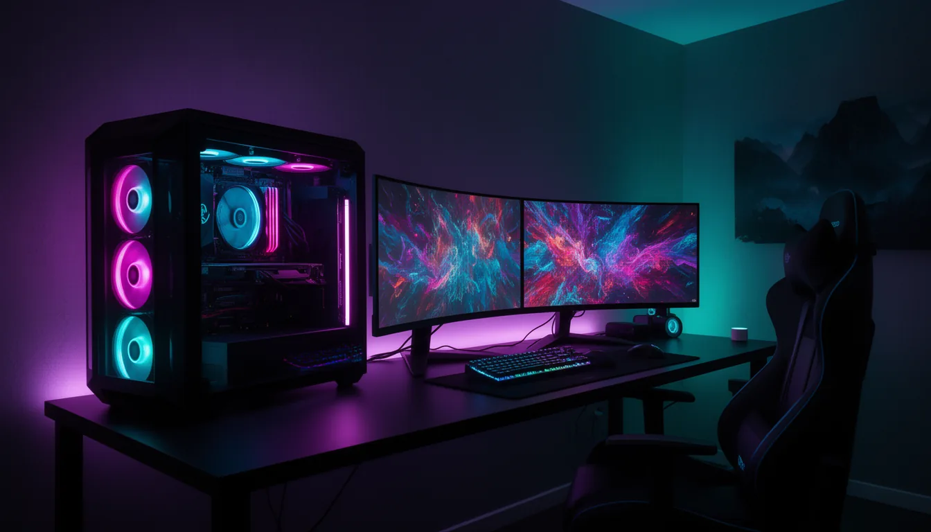 A dark gaming room lit by an RGB PC with a glass side panel and glowing fans, ambient purple and teal wall lighting, and dual curved monitors